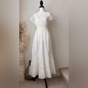 Betsey Johnson White Swiss-Dot Maxi Dress with Smocked Waist - Small